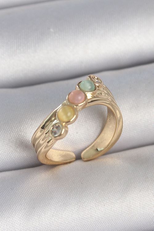 YRTCL Pirinç Gold Renk Zirkon Taş Detaylı Karışık Mineli Ayarlanabilir Kadın Yüzük