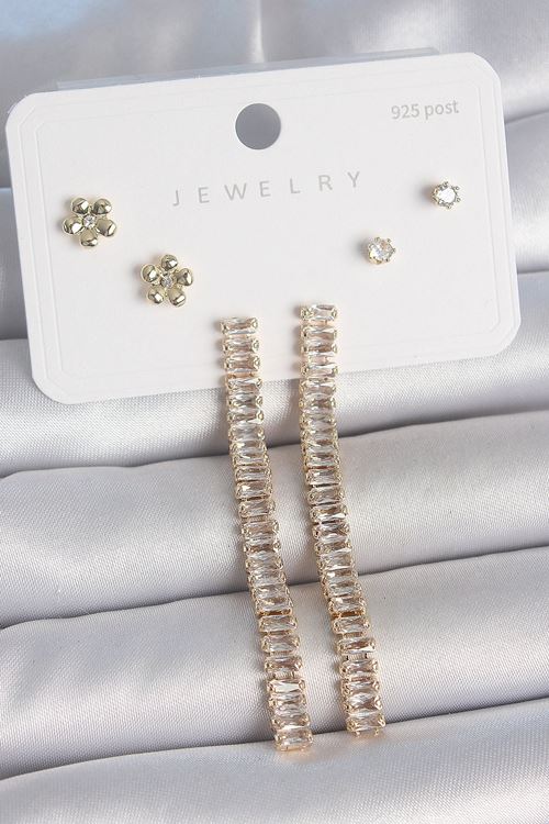 YRTCL Pirinç Gold Renk Su Yolu Zirkon Taşlı Sallantı Model Çiçek Detay 925 Ayar Gümüş Çivi Kadın Küpe Seti