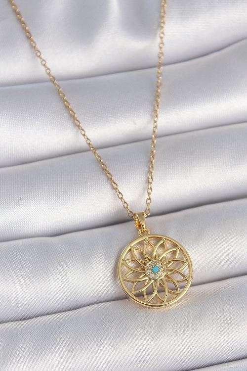 YRTCL 316L Çelik Gold Renk Zincr Mavi Taşlı Lotus Model Kadın Kolye