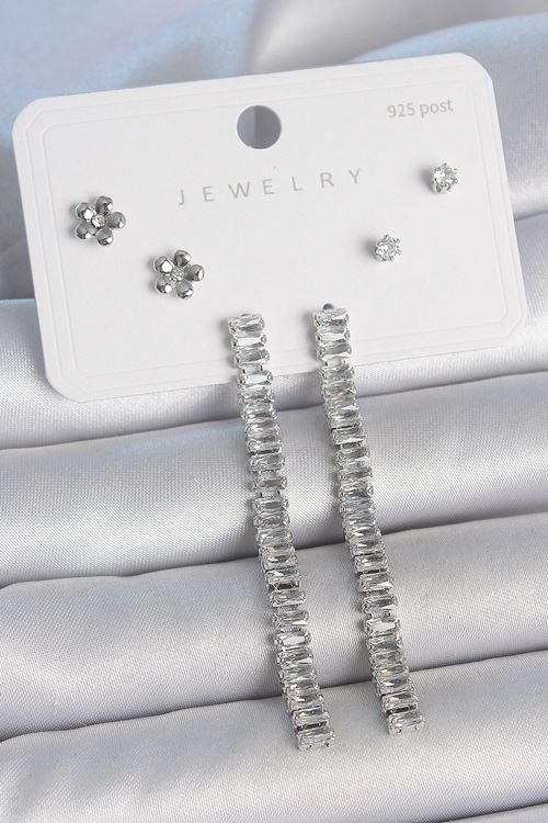 YRTCL Pirinç Gümüş Renk Zirkon Taşlı Su Yolu Model Çiçek Detay 925 Ayar Gümüş Çivi Kadın Küpe Seti