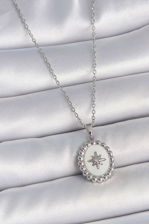 YRTCL 316L Çelik Gümüş Renk Zincir Beyaz Mineli Kutup Yıldız İşlemeli Madalyon Model Kadın Kolye