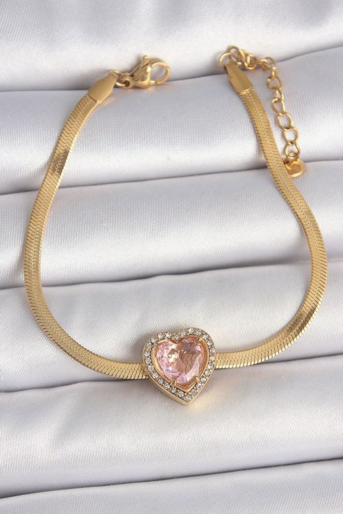YRTCL 316L Çelik Gold Renk İtalyan Zincir Pembe Zirkon Taşlı Kalp Model Kadın Bileklik