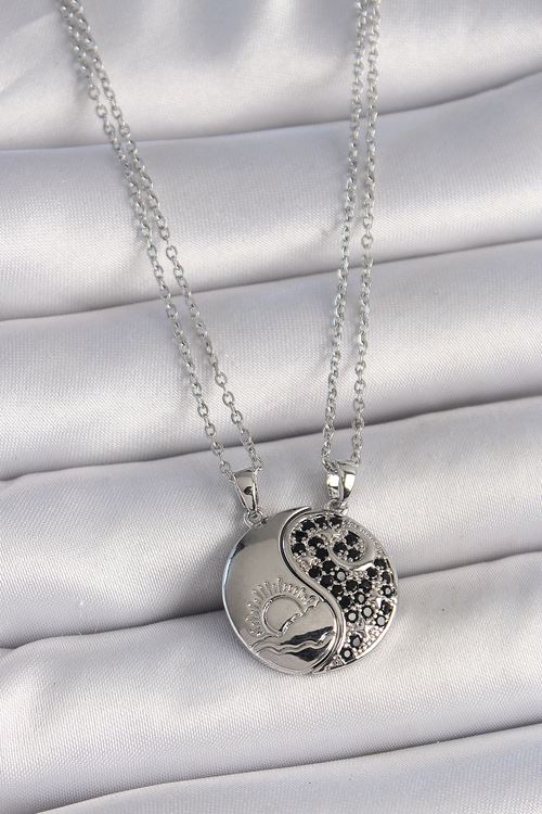 YRTCL 316L Çelik Gümüş Renk Zincir Zirkon Taşlı Ying Yang Model Gün Batımı İşlemeli Arakdaşlık Kadın Kolye