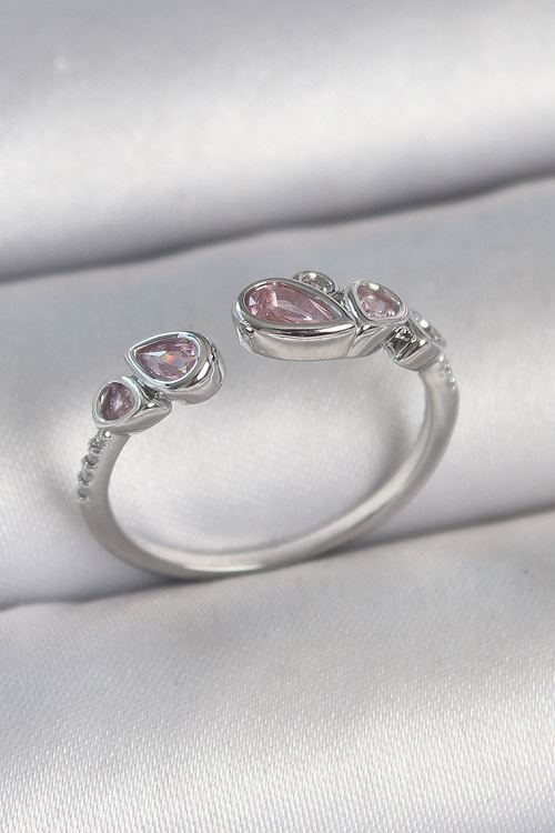 YRTCL Pirinç Gümüş Renk Pembe Damla Zirkon Taşlı Ayarlanabilir Model Kadın Yüzük