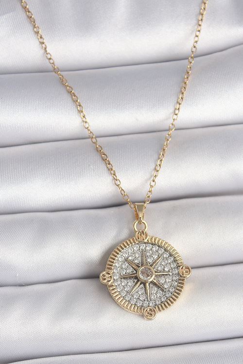 YRTCL 316L Çelik Gold Renk Zirkon Taşlı Pusula Model Kadın Kolye