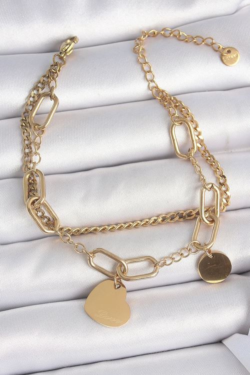 YRTCL 316L Çelik Gold Renk 2'Li Zincir Model Sallantı Kalp Figür Kadın Bileklik