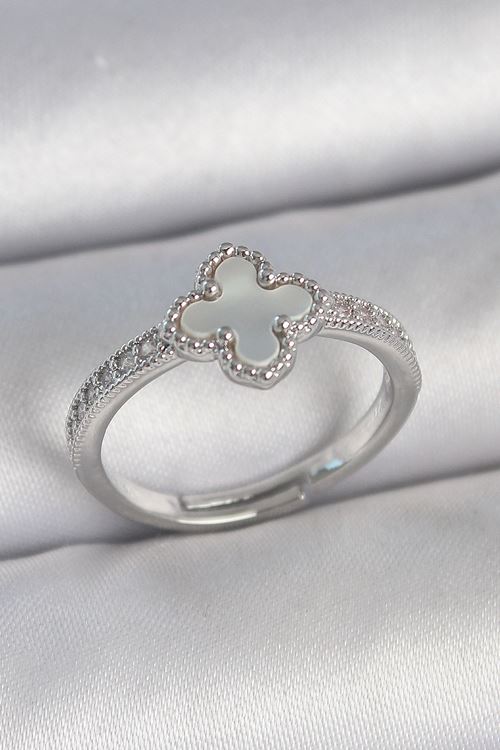 YRTCL Pirinç Gümüş Renk Zirkon Taşlı Beyaz Mineli Yonca Model Ayarlanabilir Kadın Yüzük