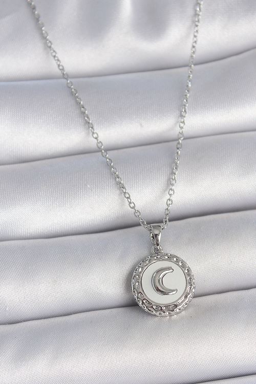YRTCL 316L Çelik Gümüş Renk Zincir Beyaz Mineli Hilal İşlemeli Madalyon Model Kadın Kolye