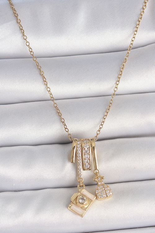 YRTCL 316L Çelik Gold Renk Zirkon Taşlı Sallantı Fotoğraf Makinası Figür Charm Kadın Kolye