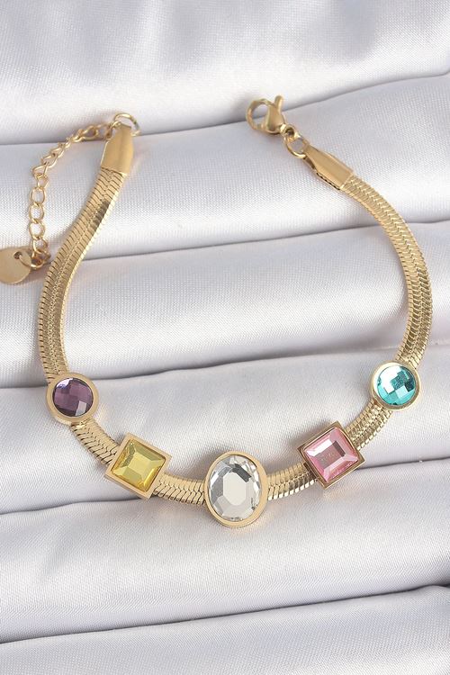 YRTCL 316L Çelik Gold Renk İtalyan Zincir Renkli Zirkon Taşlı Kadın Bileklik