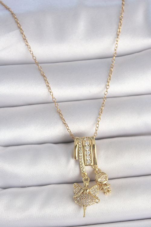YRTCL 316L Çelik Gold Renk Zirkon Taşlı Sallantı Melek Figür Charm Kadın Kolye