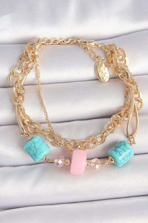 YRTCL Pirinç Gold Renk Çoklu Zincir Model Mavi Taş Figürlü Kadın Bileklik