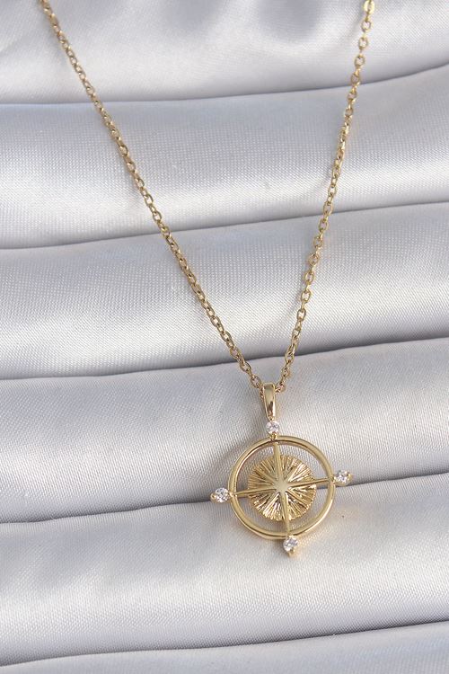 YRTCL 316L Çelik Gold Renk Zincir Zirkon Taşlı Pusula Model Kadın Kolye