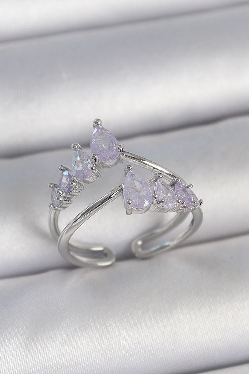 YRTCL Pirinç Gümüş Renk Mor Damla Zirkon Taşlı Taç Model Kadın Yüzük