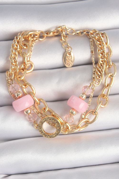 YRTCL Pirinç Gold Renk Çoklu Pembe Taşlı Kadın Bileklik