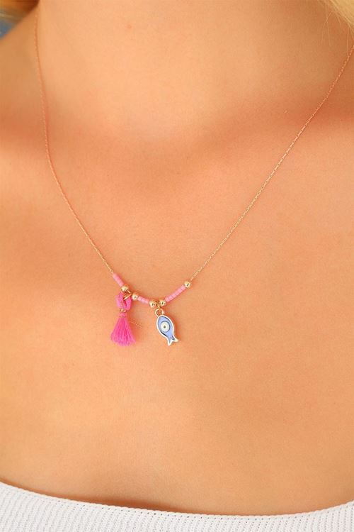 YRTCL Nazar Boncuklu Pembe Renk Taşlı Rose Bayan Kolye