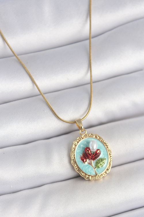 YRTCL 316L Çelik Gold Renk Zincir Turkuaz Mineli İncili Çiçek İşlemeli Portre Model Kadın Kolye