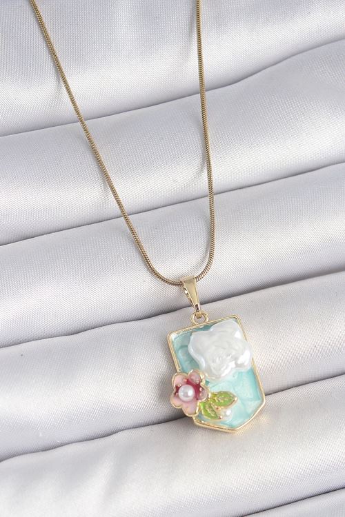 YRTCL 316L Çelik Gold Renk Zincir Mavi Mineli İncili Çiçek İşlemeli Portre Model Kadın Kolye