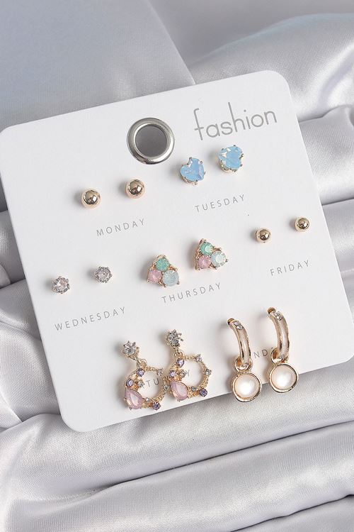 YRTCL Pirinç Gold Renk Zirkon Taşlı Sallantı Halka Figür Kalp Detay 7 Çift Kadın Küpe