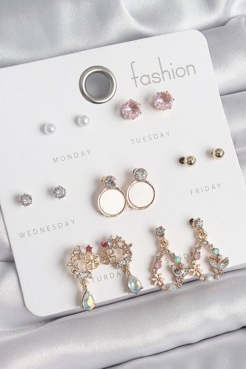 YRTCL Pirinç Gold Renk Zirkon Taşlı Sallantı Damla Figür Beyaz Mine Detay 7 Çift Kadın Küpe Seti