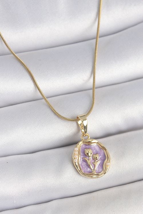 YRTCL 316L Çelik Gold Renk Zincir Mor Mineli Çiçek İşlemeli Portre Model Kadın Kolye