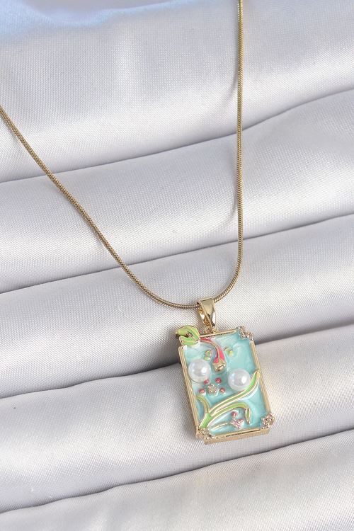 YRTCL 316L Çelik Gold Renk Zincir Mavi Mineli İncili Çiçek İşlemeli Portre Model Kadın Kolye