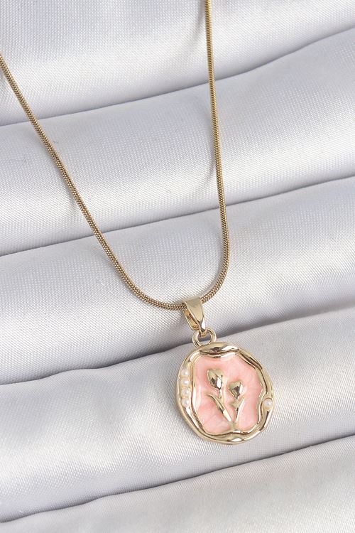 YRTCL 316L Çelik Gold Renk Zincir Pembe Mineli Çiçek İşlemeli Portre Model Kadın Kolye