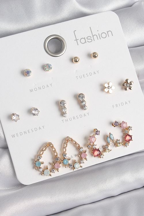 YRTCL Pirinç Gold Renk Zirkon Taşlı Damla Model Yıldız Detaylı 7 Çift Kadın Küpe Seti