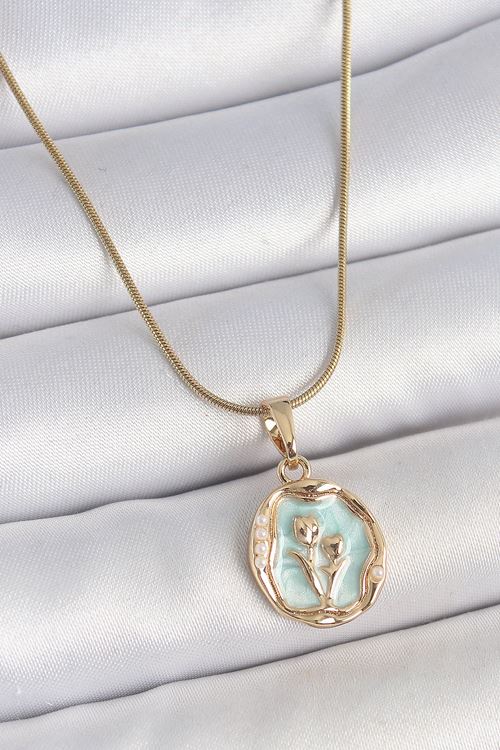 YRTCL 316L Çelik Gold Renk Zincir Turkuaz Mineli Çiçek İşlemeli Portre Model Kadın Kolye