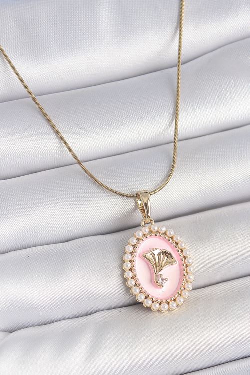 YRTCL 316L Çelik Gold Renk Zincir Pembe Mineli İncli Zirkon Taşlı Çiçek İşlemeli Portre Model Kadın Kolye