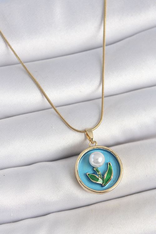 YRTCL 316L Çelik Gold Renk Zincir Mavi Mineli İncili Çiçek İşlemeli Portre Model Kadın Kolye