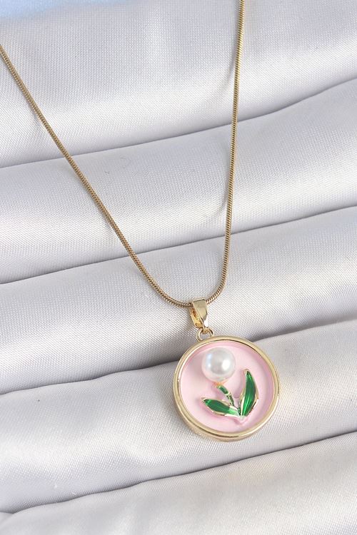 YRTCL 316L Çelik Gold Renk Zincir Pembe Mineli İncili Çiçek İşlemeli Portre Model Kadın Kolye