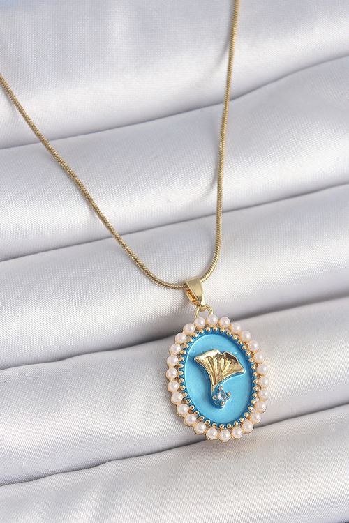 YRTCL 316L Çelik Gold Renk Zincir Mavi Mineli İncili Zirkon Taşlı Çiçek İşlemeli Portre Model Kadın Kolye