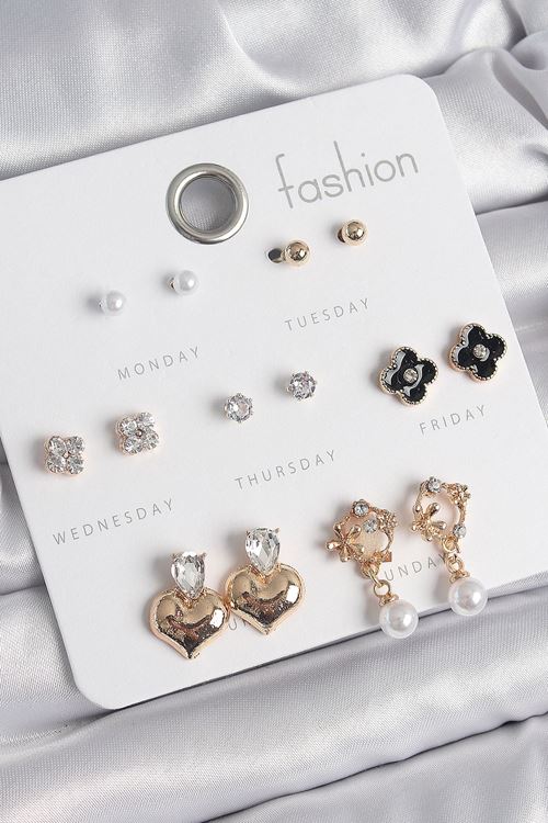 YRTCL Pirinç Gold Renk Zirkon Taşlı Kalp Figür Siyah Yonca Detay 7 Çift Kadın Küpe Seti