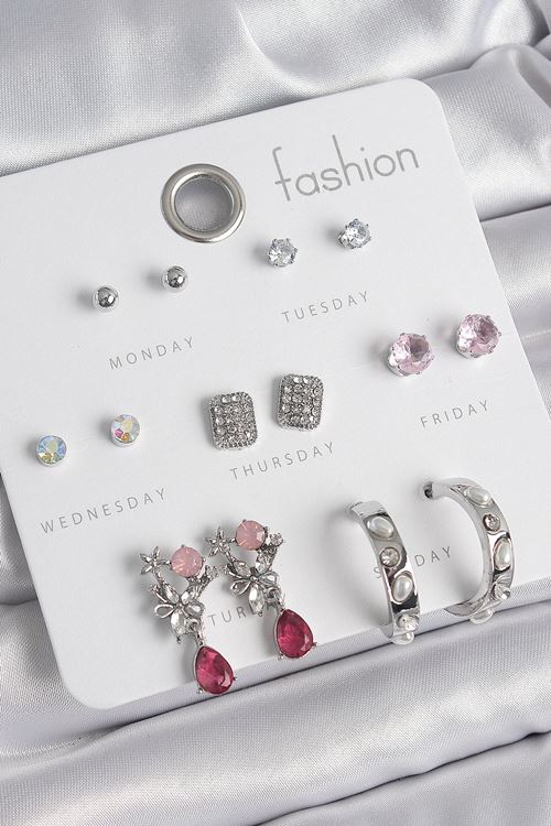 YRTCL Pirinç Gümüş Renk Zirkon Taşlı Çiçek Figür İncili Halka Detay 7 Çift Kadın Küpe Seti