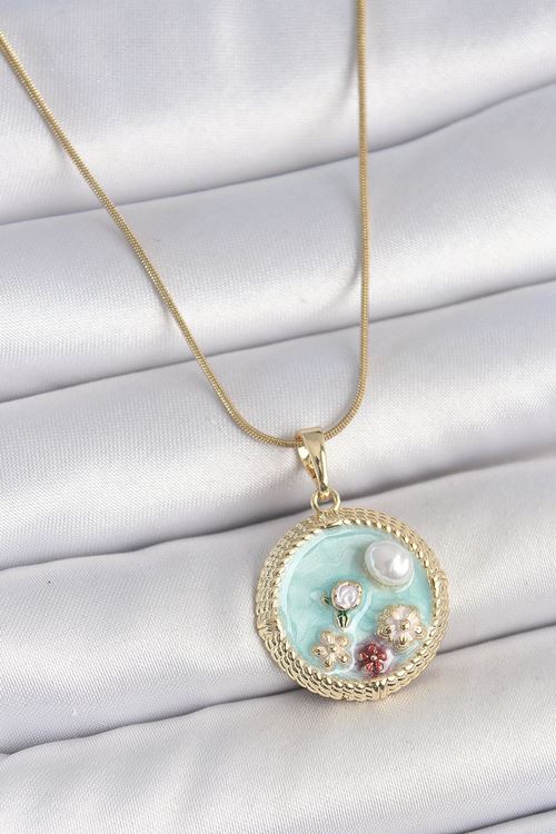 YRTCL 316L Çelik Gold Renk Zincir Mavi Mineli İnci Çiçek İşlemeli Zirkon Taş Detaylı Madalyon Model Kadın Kolye