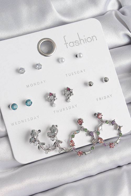 YRTCL Pirinç Gümüş Renk Zirkon Taşlı Gül Figür Halka Model 7 Çift Kadın Küpe Seti