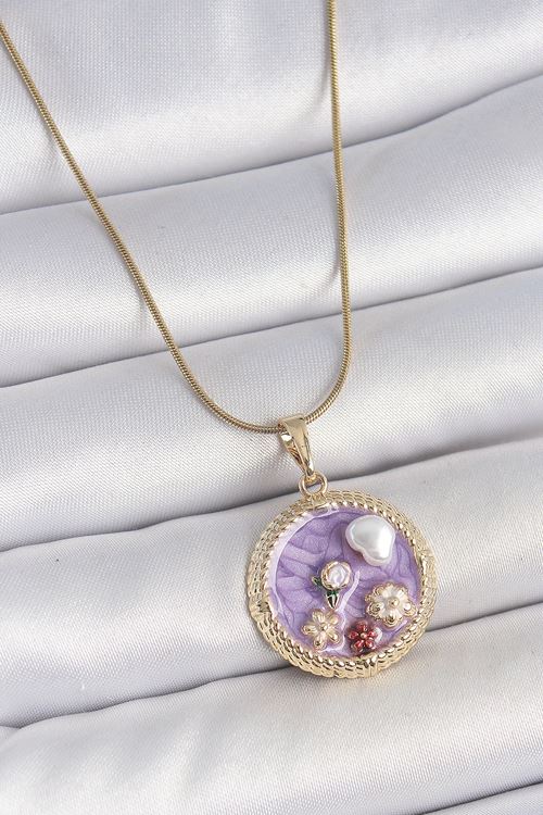 YRTCL 316L Çelik Gold Renk Zincir Mor Mineli İncili Çiçek İşlemeli Madalyon Model Kadın Kolye