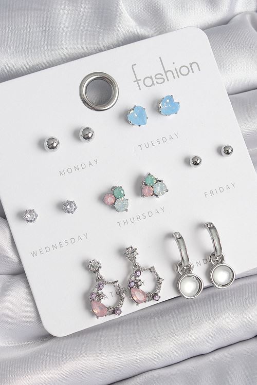 YRTCL Pirinç Gümüş Renk Zirkon Taşlı Sallantı Halka Model Çiçek Detay 7 Çift Kadın Küpe Seti