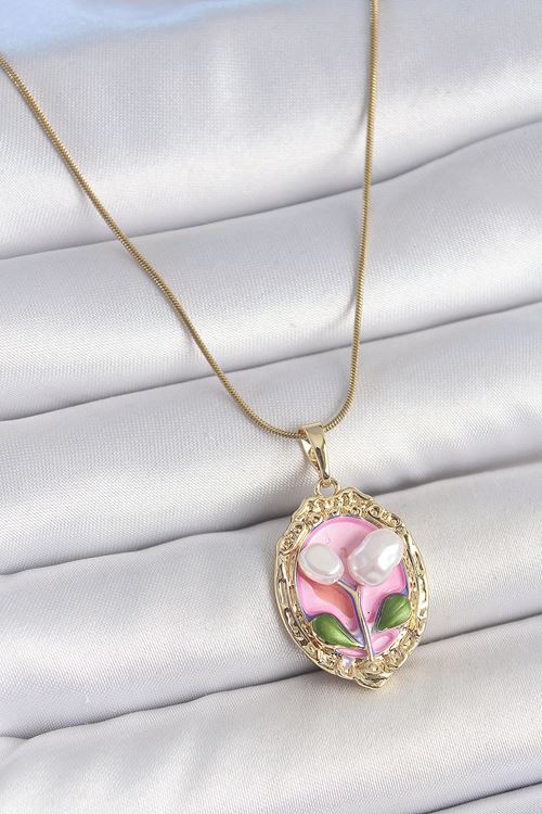 YRTCL 316L Çelik Gold Renk Zincir Pembe Mineli İncili Çiçek İşlemeli Portre Model Kadın Kolye