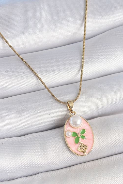 YRTCL 316L Çelik Gold Renk Zincir Pembe Mineli Oval İncili Çiçek İşlemeli Portre Model Kadın Kolye