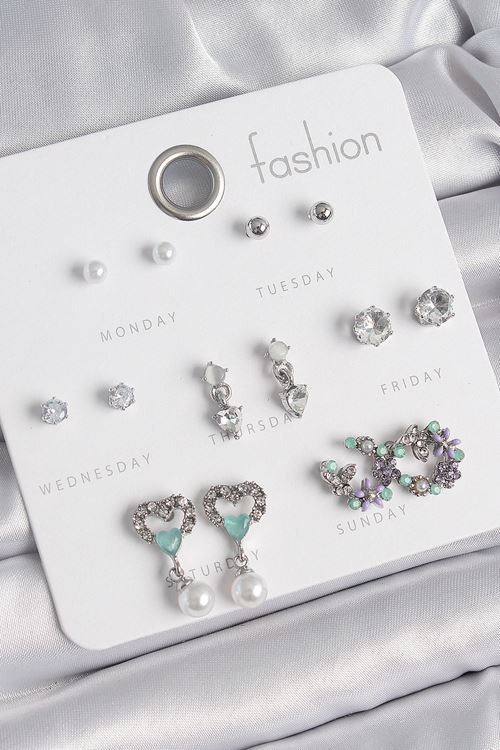 YRTCL Pirinç Gümüş Renk Zirkon Taşlı Sallantılı Kalp Model Çiçek Detay 7 Çift Kadın Küpe Seti