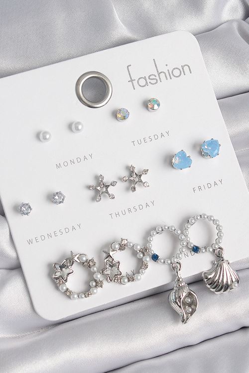 YRTCL Pirinç Gümüş Renk İncli Zirkon Taşlı Halka Figür Yıldız Detay 7 Çift Kadın Küpe Seti