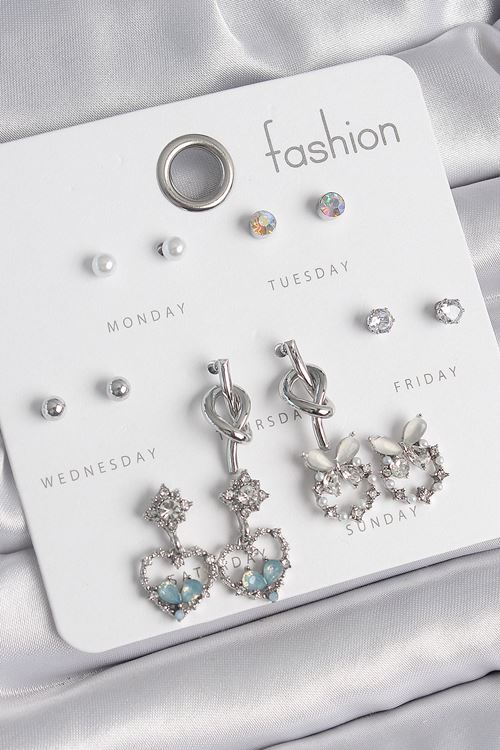 YRTCL Pirinç Gümüş Renk Sallantı Zirkon Taşlı Kalp Model Düğüm Detay 7 Çift Kadın Küpe Seti