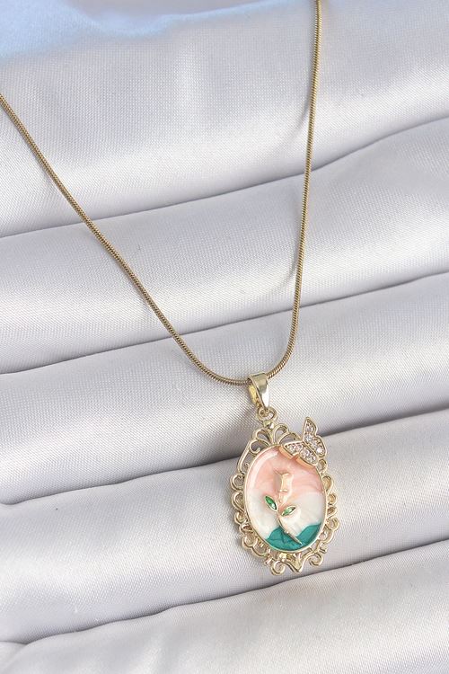 YRTCL 316L Çelik Gold Renk Zincir Mix Renk Çiçek İşlemeli Zirkon Taş Detaylı Portre Model Kadın Kolye