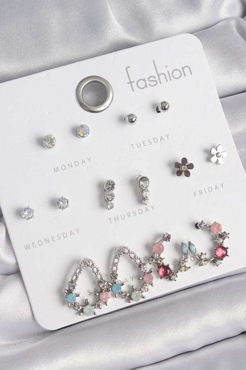 YRTCL Pirinç Gümüş Renk Zirkon Taşlı Damla Model Çiçek Detay 7 Çift Kadın Küpe Seti