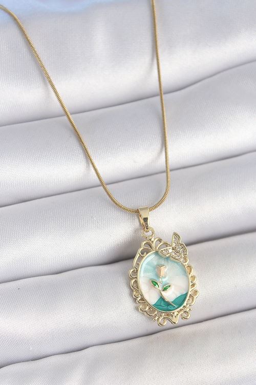 YRTCL 316L Çelik Gold Renk Zincir Mavi Mineli Çiçek İşlemeli Zirkon Taş Detaylı Portre Model Kadın Kolye