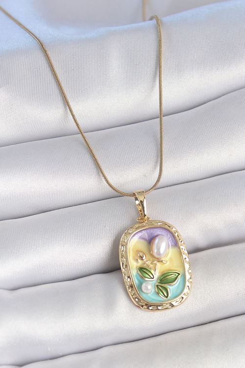 YRTCL 316L Çelik Gold Renk Zincir İncili Çiçek İşlemeli Portre Model Kadın Kolye