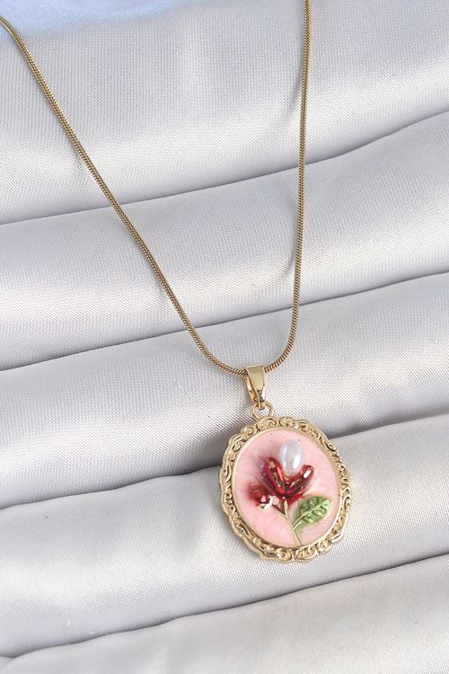 YRTCL 316L Çelik Gold Renk Zincir Pembe Mineli İncili Çiçek İşlemeli Portre Model Kadın Kolye