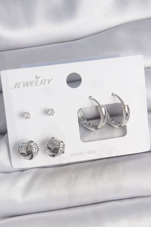 YRTCL Pirinç Gümüş Renk Zirkon Taşlı Halka Model 3 Çift Kadın Küpe Seti